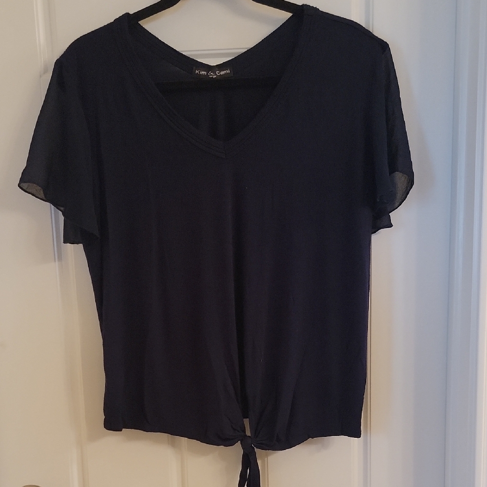 Kim & Cami Women's Navy V-Neck Tie-Front Top